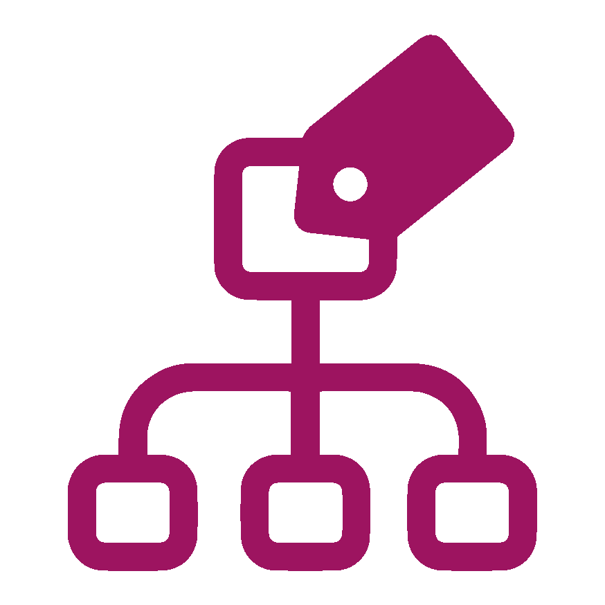 Ein magentafarbenes Symbol eines Netzwerkdiagramms mit drei verbundenen Knoten und einem Preisschild am obersten Knoten, das die Grundleistung bei der Produktkategorisierung oder -kennzeichnung innerhalb einer hierarchischen Struktur symbolisiert.