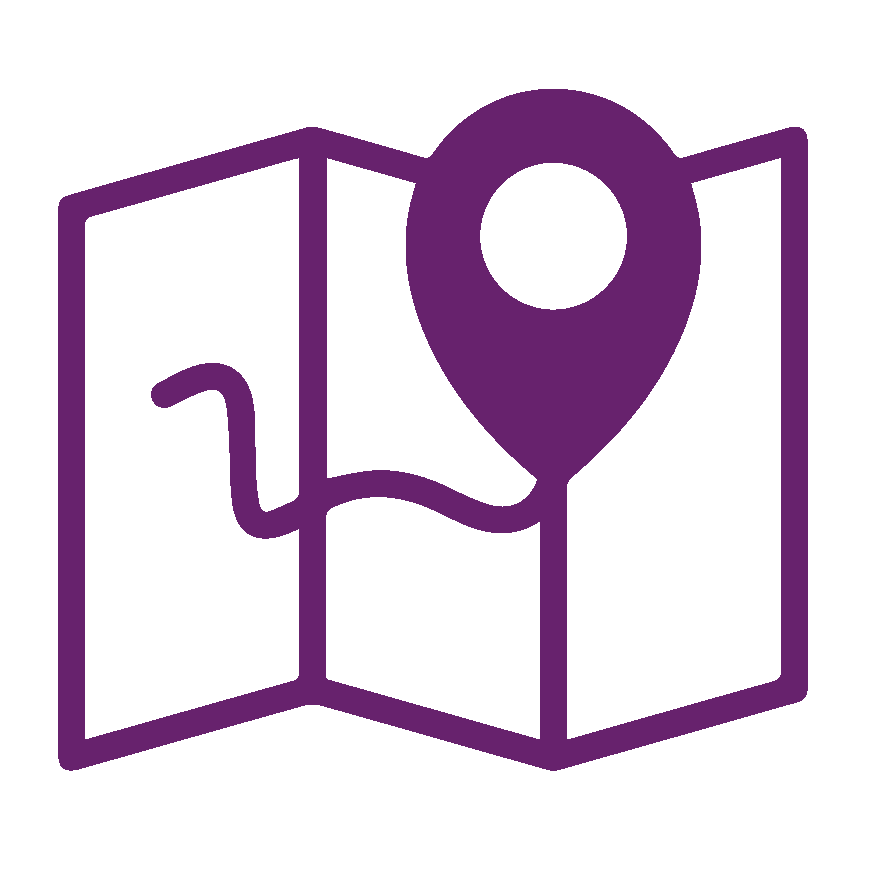 Ein leistungsstarkes lilafarbenes Symbol einer gefalteten Karte mit einer kurvenreichen Route und einer großen Kartennadel, die Navigation oder Standort symbolisiert.