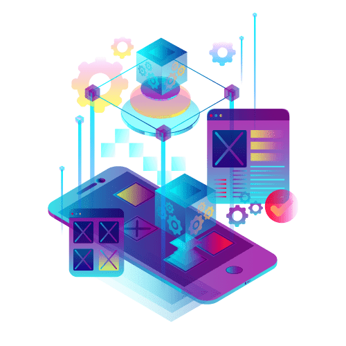 Bunte Illustration eines Smartphones, Bildschirme, Zahnräder und Blöcke, die durch Linien verbunden sind, symbolisieren App-Entwicklung, Toolbox-Websites, User Interface Design und digitale Technologiekonzepte.