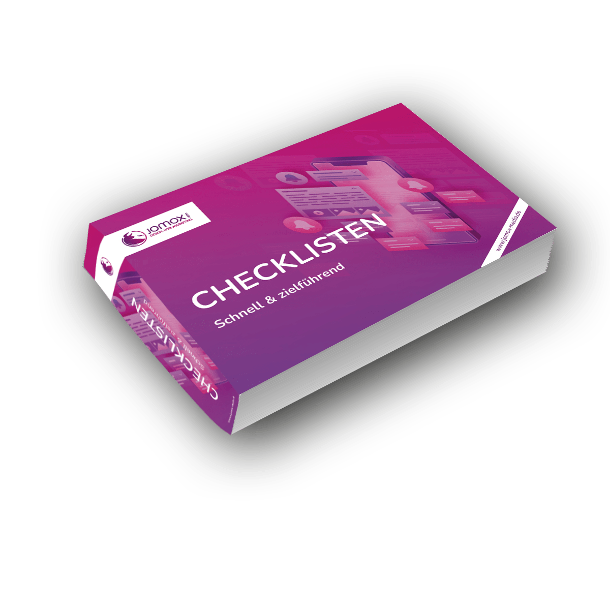 Ein Buch mit rosafarbenem und lilafarbenem Einband mit dem Titel CHECKLISTEN und dem Untertitel Schnell & Zielführend auf Deutsch, mit digitalen Icons und Hinweisen zu kostenfreien Checklisten, liegt auf einer weißen Fläche.