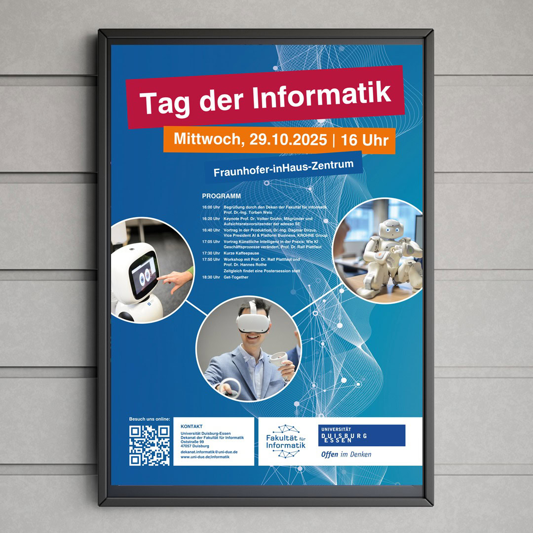 Ein Tag der Informatik-Plakat für den 29.10.2025 um 16:00 Uhr, auf dem Roboter und eine Person mit einem VR-Headset zu sehen sind, sowie Programm-Highlights und Tag der Informatik-Logos am unteren Rand.
