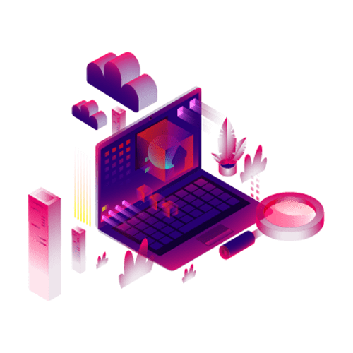 Eine bunte, isometrische Illustration eines Laptops mit einem Würfel auf dem Bildschirm, umgeben von abstrakten Formen, Pflanzen, einer Lupe und digitalen Elementen, die auf Technologie und Datenanalyse hindeuten.