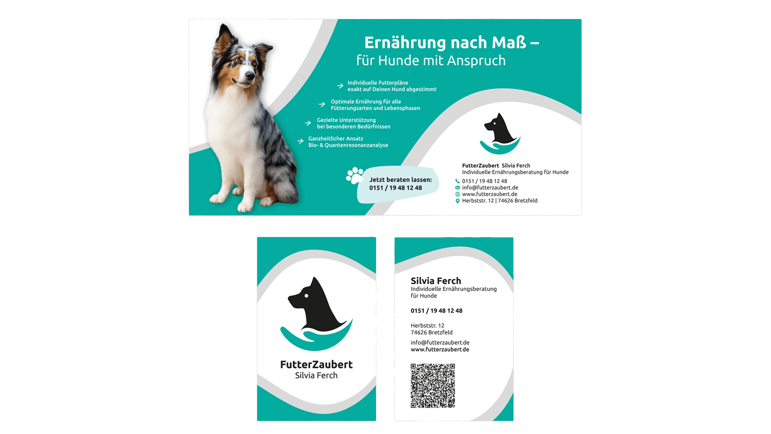 Eine Visitenkarte und ein Flyer für FutterZaubert, einen Hundeernährungsservice von Silvia Ferch, mit Grafikdesign-Elementen - einer Hundeillustration, Kontaktdaten, einem QR-Code und einem Australian Shepherd-Foto auf einem türkisfarbenen und weißen Hintergrund.