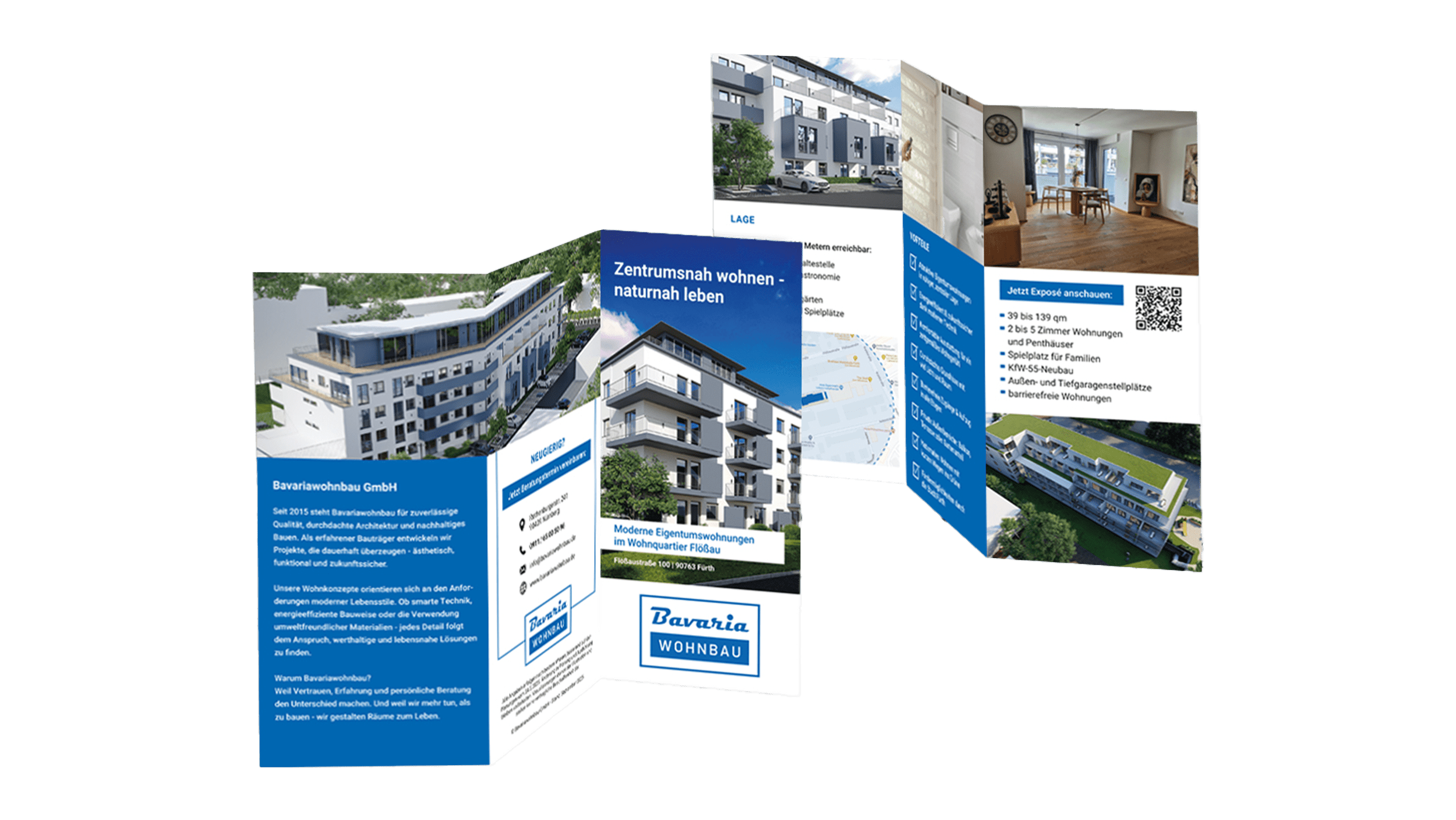 Eine dreifaltige Broschüre für Bavaria Wohnbau zeigt moderne Wohnhäuser und Inneneinrichtungen, mit Grafikdesign-Elementen und Firmeninformationen in deutscher Sprache, alles auf einem sauberen weißen Hintergrund.