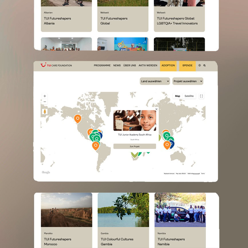 Screenshot einer Website mit einer interaktiven Karte, auf der die Projektstandorte der TUI Care Foundation eingezeichnet sind, Filteroptionen für Land und Projekt und darunter liegende Bereiche mit Projektkarten mit Bildern und Titeln aus verschiedenen Ländern.
