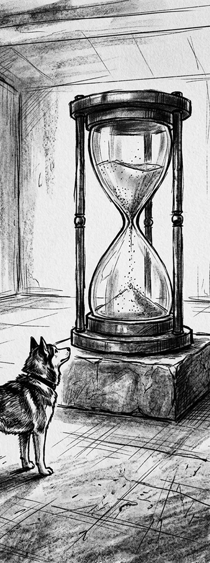 Eine Schwarz-Weiß-Skizze eines Hundes, der in einem Haus steht und auf eine große, mit Sand gefüllte Sanduhr blickt, die auf einem Steinsockel steht. Das Licht fällt von der Seite ein und wirft Schatten auf den Boden.