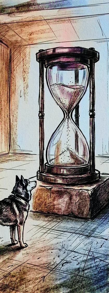 Ein Hund steht in einem sonnenbeschienenen Raum und blickt auf eine große, mit Sand gefüllte Sanduhr, die auf einem Steinsockel steht.
