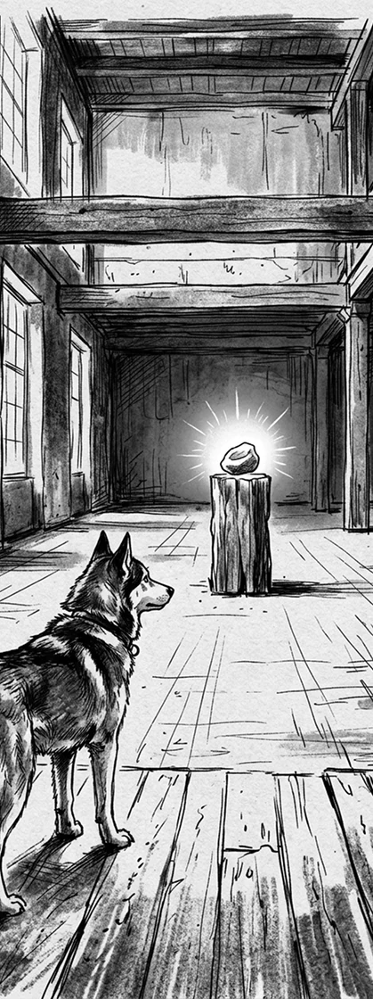 Ein Hund steht auf Holzdielen und starrt auf einen glühenden Stein, der auf einem Baumstumpf in der Mitte eines großen, leeren, sonnenbeschienenen Raums mit hohen Fenstern steht.