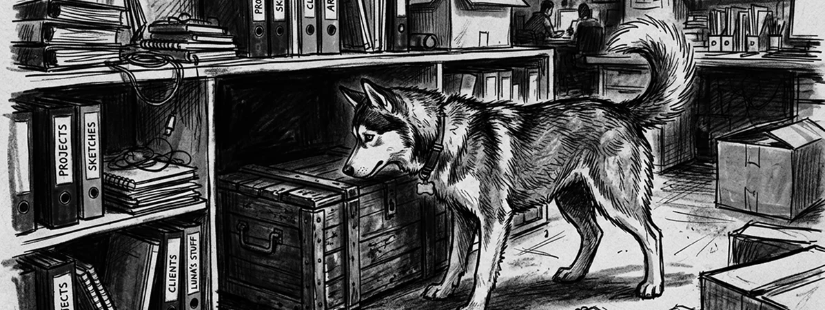 Ein Hund schnüffelt an einer Holztruhe in einem Büro, das mit Regalen voller Aktenordner, Dokumente und Kisten gefüllt ist. Im Hintergrund arbeiten Menschen an Schreibtischen. Die Szene ist in Schwarz-Weiß abgebildet.
