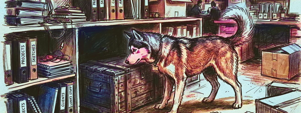 Ein Hund beschnüffelt eine Holztruhe in einem überfüllten Büro mit Bücherregalen, Ordnern, Kisten und Papieren, was darauf hindeutet, dass der Raum geschäftig und aktiv genutzt wird.