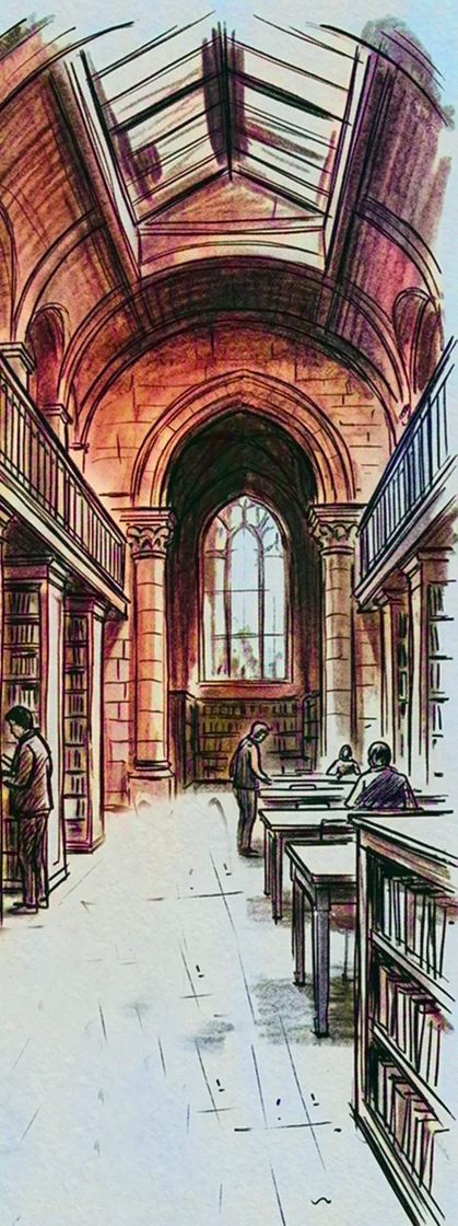 Illustration einer großen Bibliothekshalle mit hohen Bücherregalen, gewölbten Decken, großen Fenstern, die viel Licht hereinlassen, und mehreren Personen, die an Tischen und Regalen lesen oder in Büchern schmökern.
