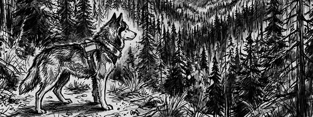 Eine Schwarz-Weiß-Skizze eines Hundes mit einem Geschirr, der auf einem bewaldeten Bergpfad steht und über einen dichten Wald und ferne Hügel blickt.