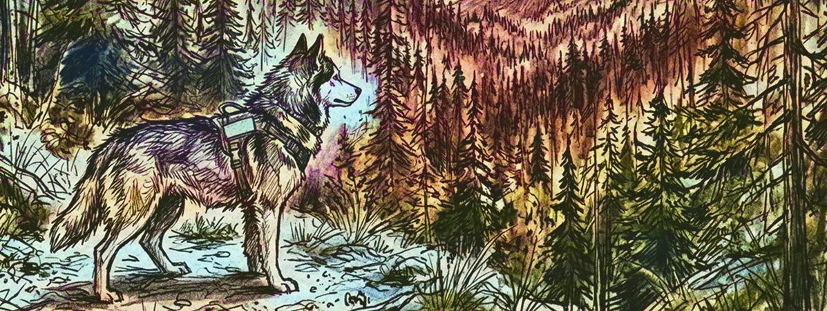 Eine Zeichnung eines Hundes, der einen Rucksack trägt und auf einem felsigen Pfad steht, mit Blick auf ein farbenfrohes, dicht bewaldetes Tal mit hohen, immergrünen Bäumen und Berghängen im Hintergrund.