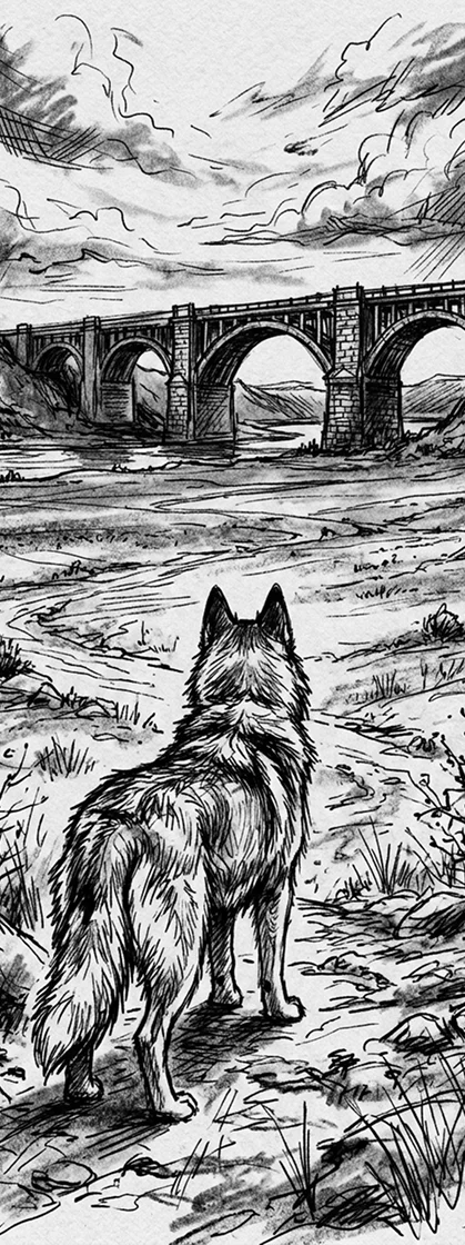 Eine Schwarz-Weiß-Skizze eines Wolfs, der an einem Flussufer steht und auf eine große Steinbrücke mit mehreren Bögen blickt, die sich unter einem bewölkten Himmel über den Fluss spannt.