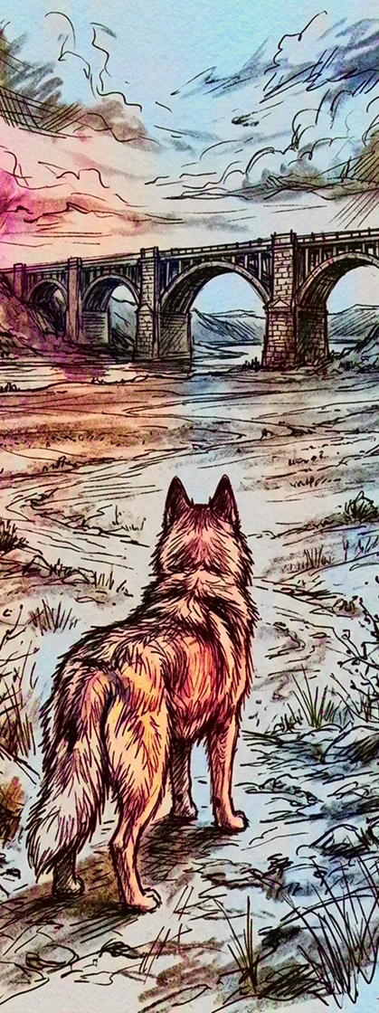 Eine skizzenhafte Illustration eines Hundes, der auf einem trockenen, felsigen Flussbett steht und auf eine große Steinbrücke blickt, die eine weite, offene Landschaft unter einem bunten Himmel überspannt.