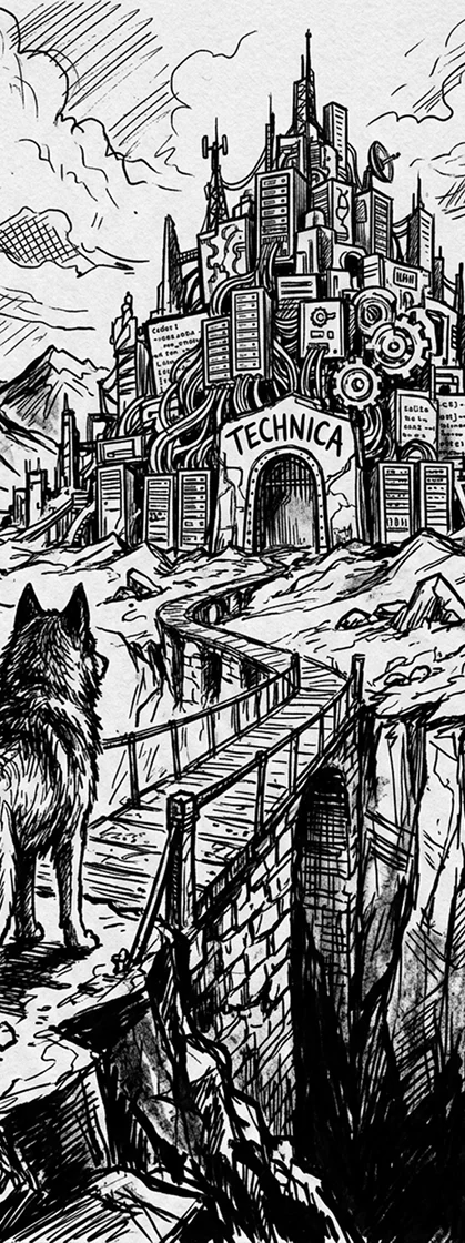 Ein Wolf steht vor einer zerbrochenen Brücke, die zu einer Festung aus Zahnrädern, Kabeln und Bildschirmen mit der Aufschrift TECHNICA führt, die inmitten von Bergen unter einem bewölkten Himmel liegt.