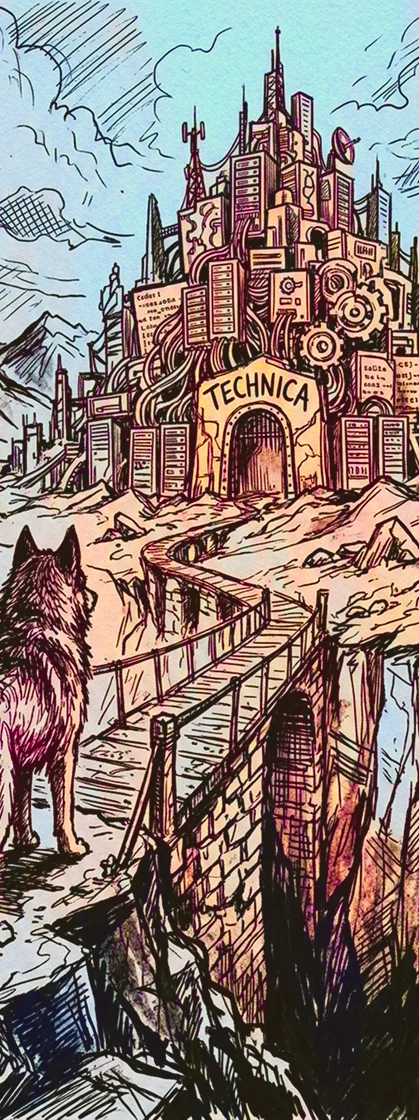 Ein Wolf steht auf einer hölzernen Brücke, die zu einer futuristischen, mechanischen Stadt namens TECHNICA führt, die auf einer felsigen Klippe errichtet wurde und in deren Struktur Zahnräder, Antennen und verschiedene Technologien integriert sind.