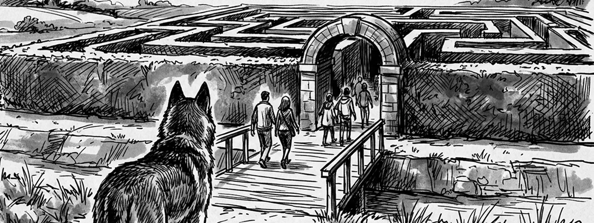 Eine Gruppe von Menschen überquert eine kleine Brücke und geht auf den Eingang eines großen Heckenlabyrinths zu, während ein Wolf im Vordergrund steht und sie beobachtet. Die Szene ist in Schwarz-Weiß abgebildet.