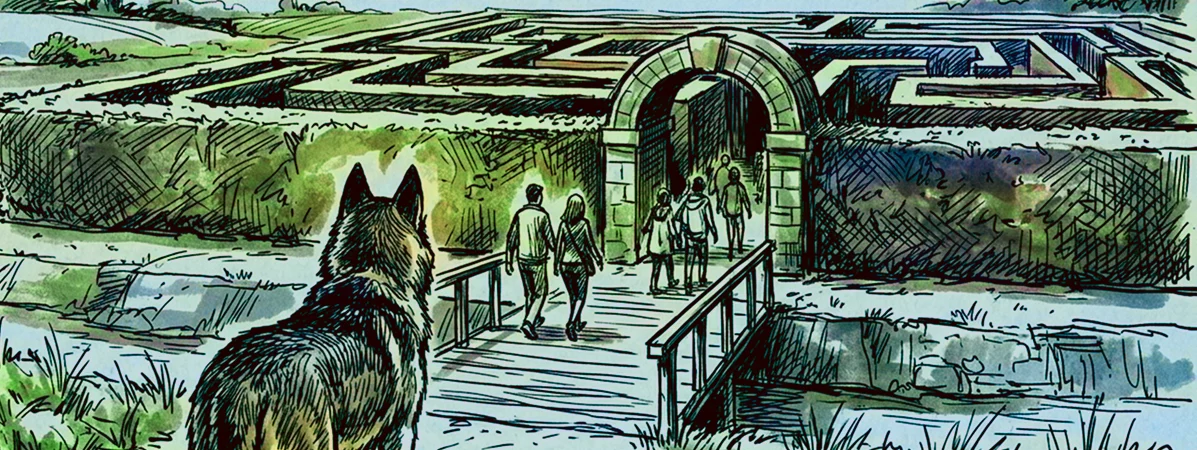 Eine Gruppe von Menschen betritt ein großes Heckenlabyrinth durch einen steinernen Torbogen und überquert eine Holzbrücke, während ein Wolf im Vordergrund zusieht.