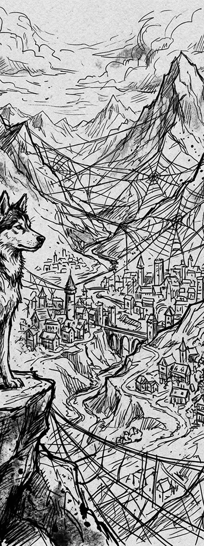 Eine detaillierte Schwarz-Weiß-Skizze zeigt einen Wolf auf einer Klippe mit Blick auf ein Tal und eine sich ausbreitende Stadt, umgeben von Bergen und sich kreuzenden, netzartigen Linien über der Landschaft und dem Himmel.