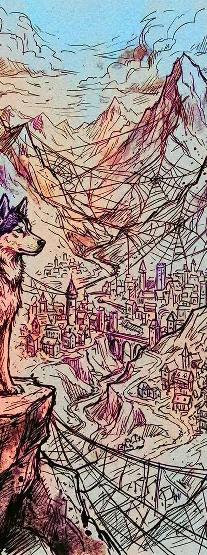 Ein Wolf steht auf einer Klippe und überblickt ein ausgedehntes, von Hand gezeichnetes Bergdorf mit gewundenen Straßen, Gebäuden und dramatischen Gipfeln unter einem Himmel voller wirbelnder Wolken und dynamischer Linien.