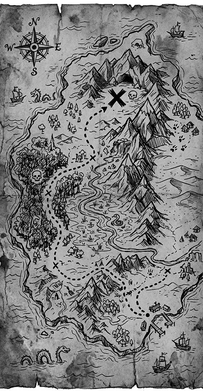 Handgezeichnete Fantasy-Schatzkarte auf altem Papier mit Bergen, Wäldern, Flüssen, mit X markierten Wegen, einem großen X neben Totenköpfen, Schiffen, Seeungeheuern und einer Windrose in der Ecke.
