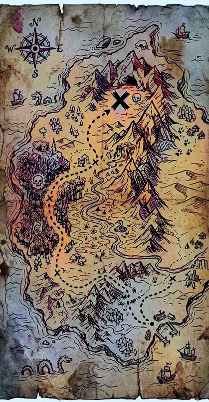 Eine Fantasy-Schatzkarte im Vintage-Stil mit Bergen, Wäldern, Flüssen, einer Küste mit Schiffen, Seeungeheuern, einer Windrose und einem großen X, das den Schatzort in der Nähe der Berge markiert.