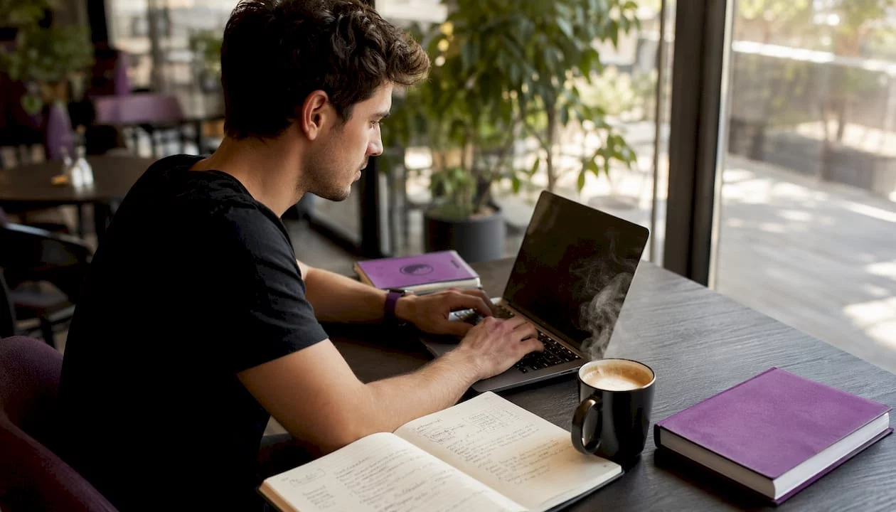 Jemand arbeitet im Homeoffice am Laptop und führt eine SEO-Analyse durch.