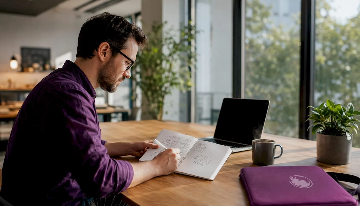 Blick von oben auf einen Arbeitsplatz mit Notizen rund um technisches SEO