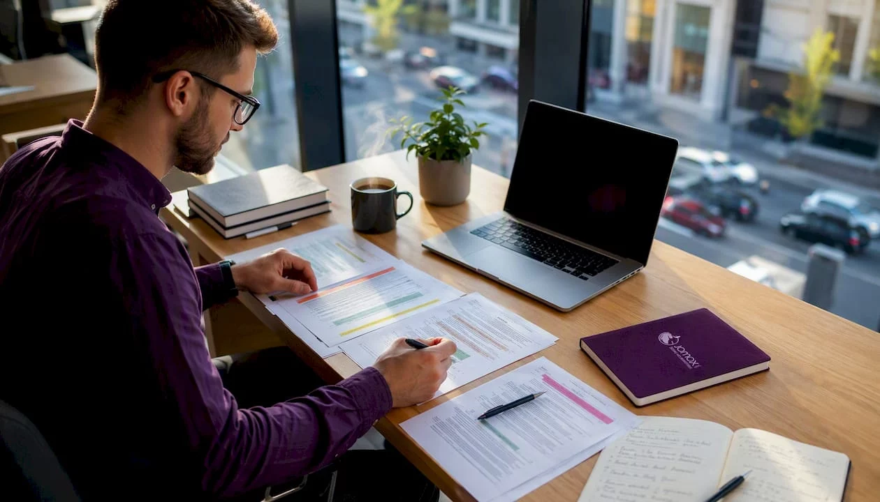 Schreibtisch mit Laptop und vertraulichen Datenschutzunterlagen