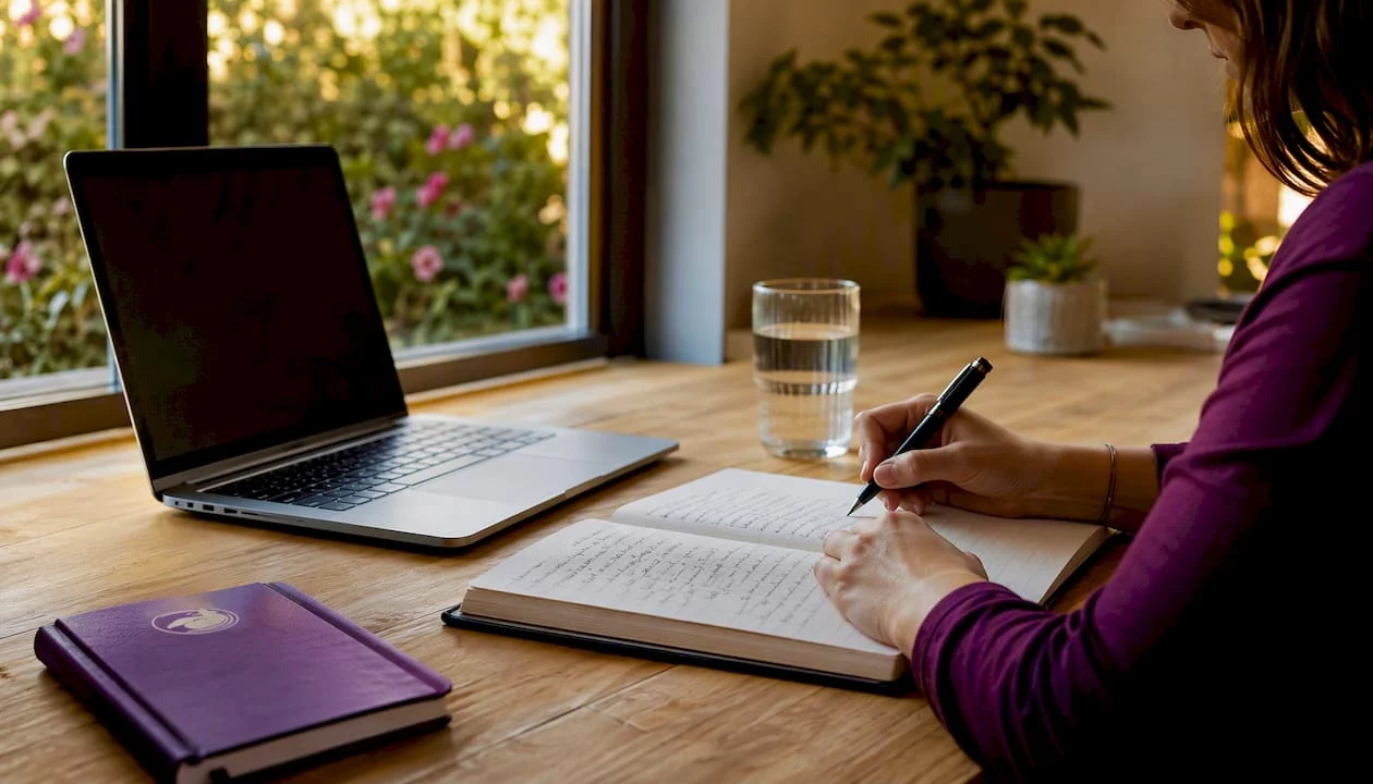 Mit Laptop und Notizblock im Coworking-Space produktiv arbeiten