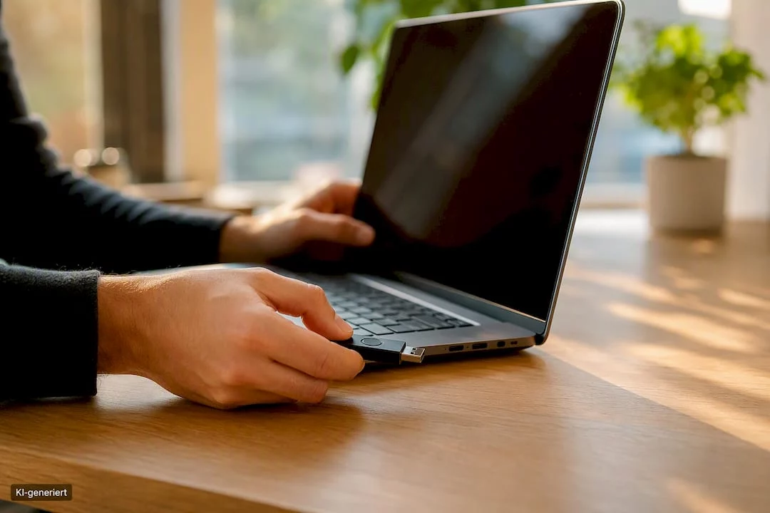 Techniker schließt externe Festplatte für die Datensicherung an