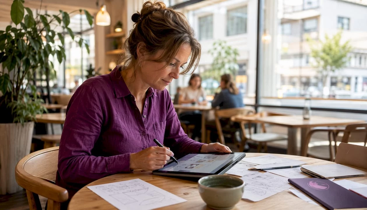 Mit den Händen wird eine App zur Barrierefreiheitsprüfung auf dem Tablet bedient.